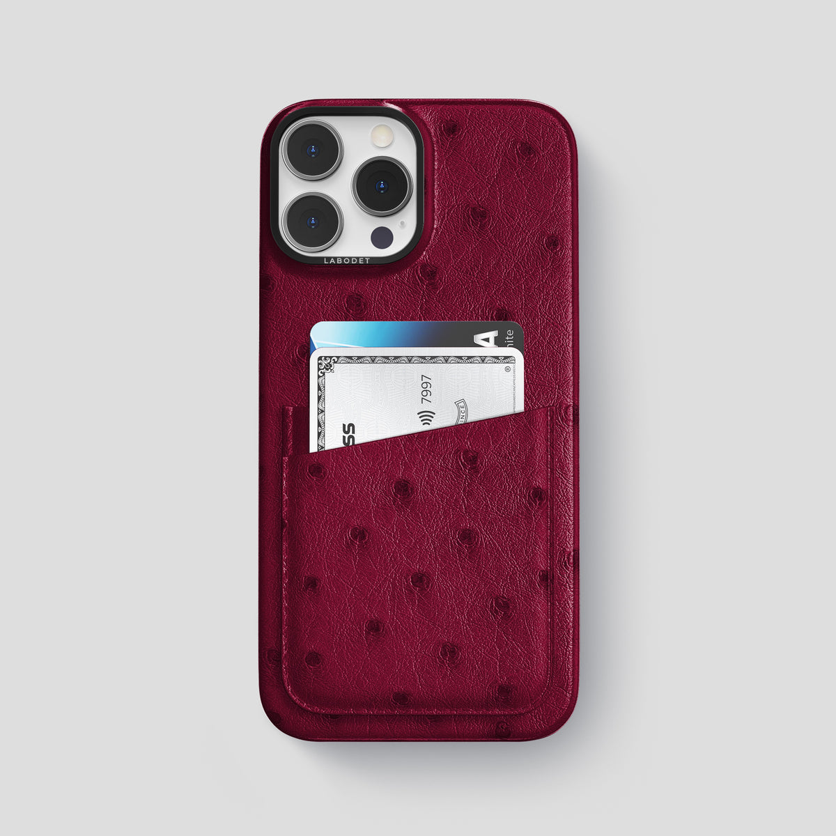 Bordeaux iPhone 15 Pro Max Card Case Ostrich with Black Metal -1 | Bordeaux-Black