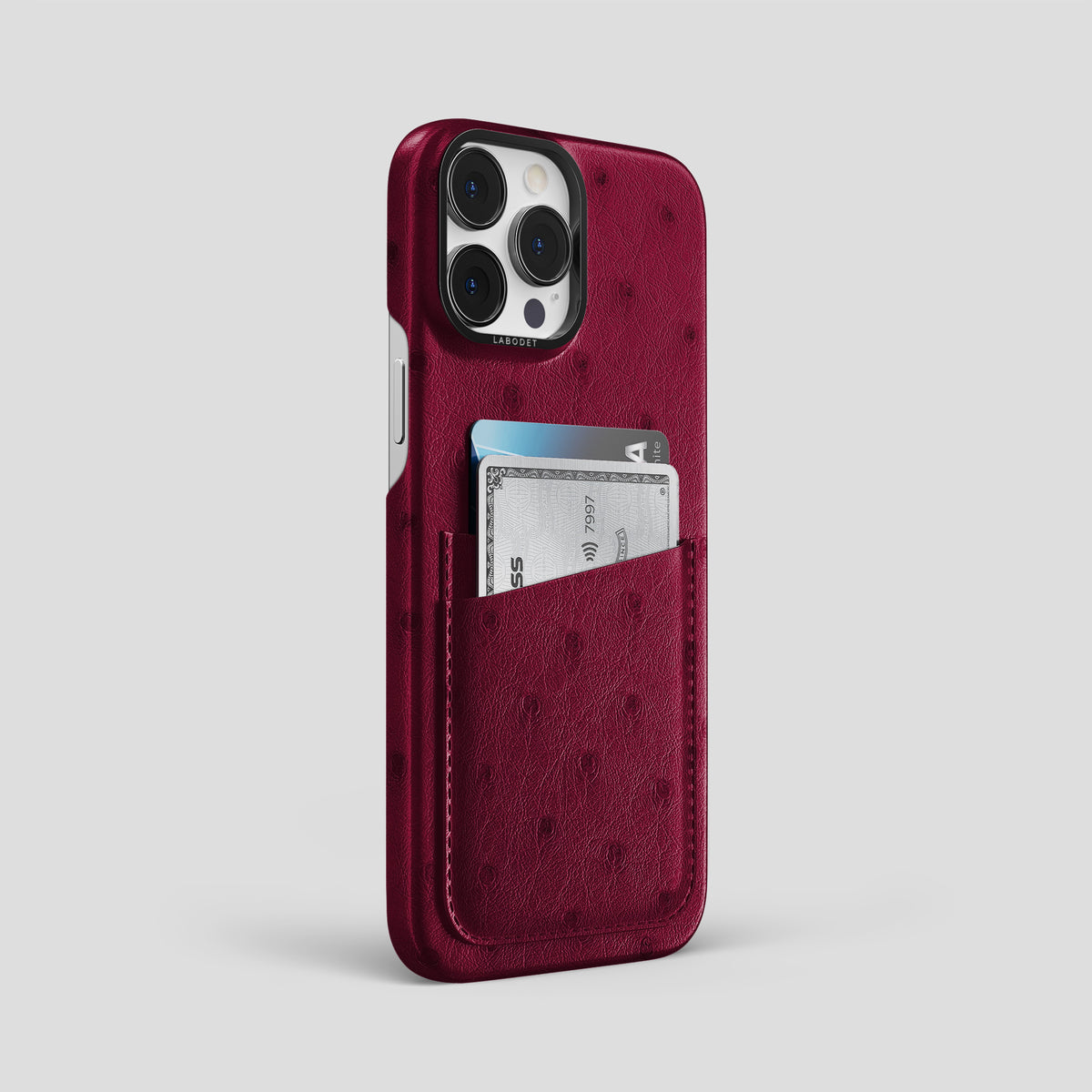 Bordeaux iPhone 15 Pro Max Card Case Ostrich with Black Metal -2 | Bordeaux-Black