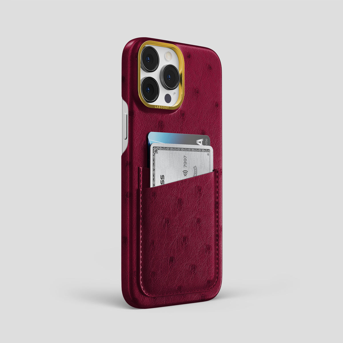 Bordeaux iPhone 15 Pro Max Card Case Ostrich with Gold Metal -2 | Bordeaux-Gold