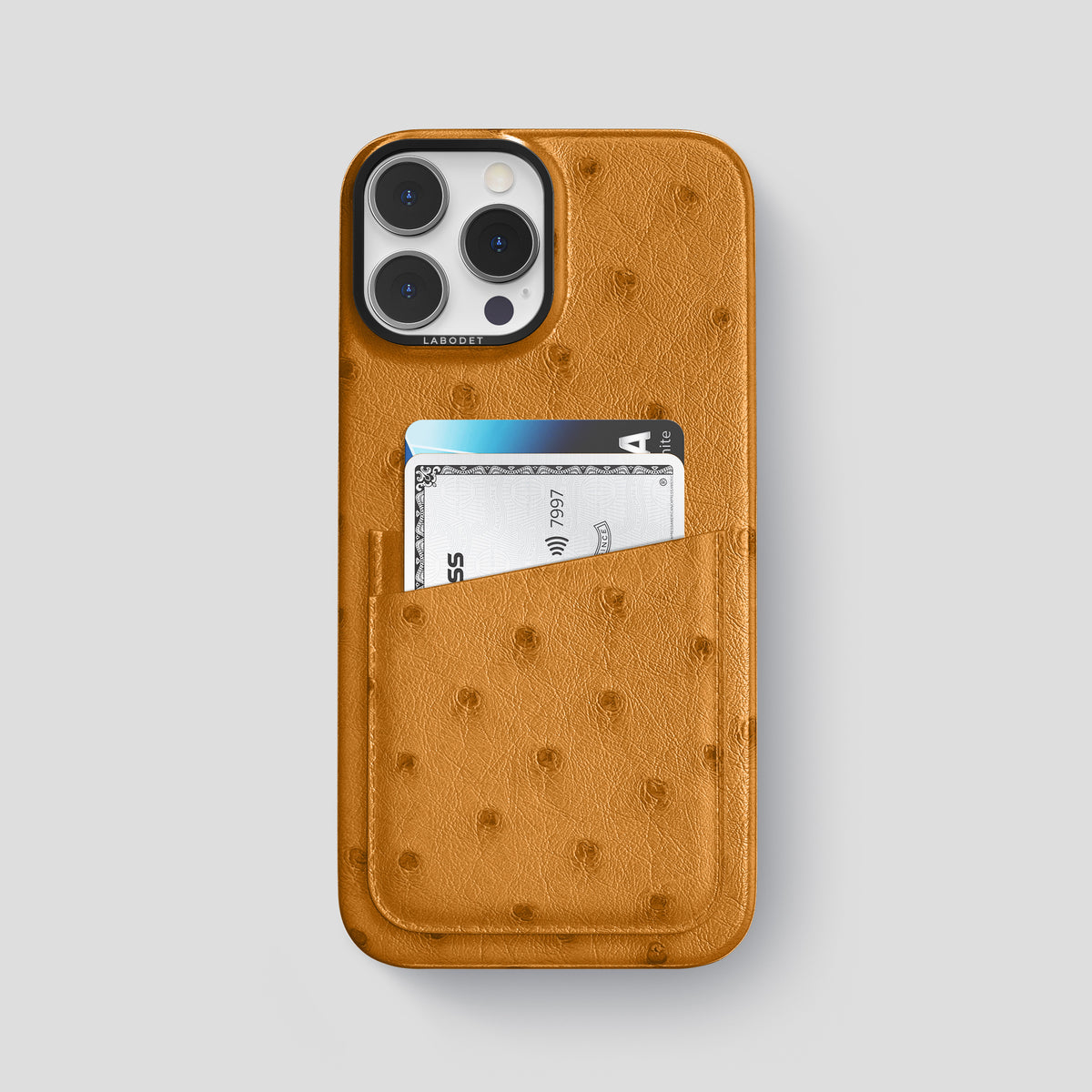 Chestnut iPhone 15 Pro Max Card Case Ostrich with Black Metal -1 | Chestnut-Black