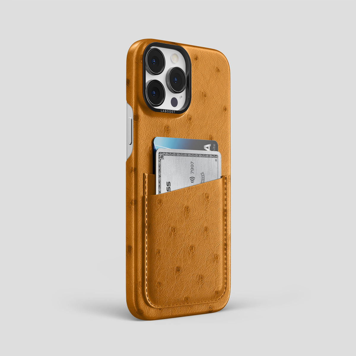 Chestnut iPhone 15 Pro Max Card Case Ostrich with Black Metal -2 | Chestnut-Black