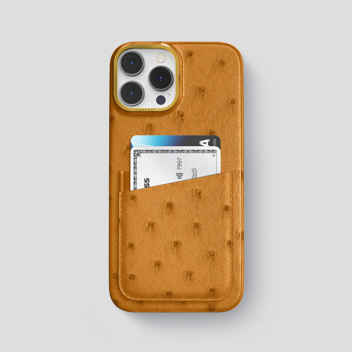 Chestnut iPhone 15 Pro Max Card Case Ostrich with Gold Metal -1 | Chestnut-Gold