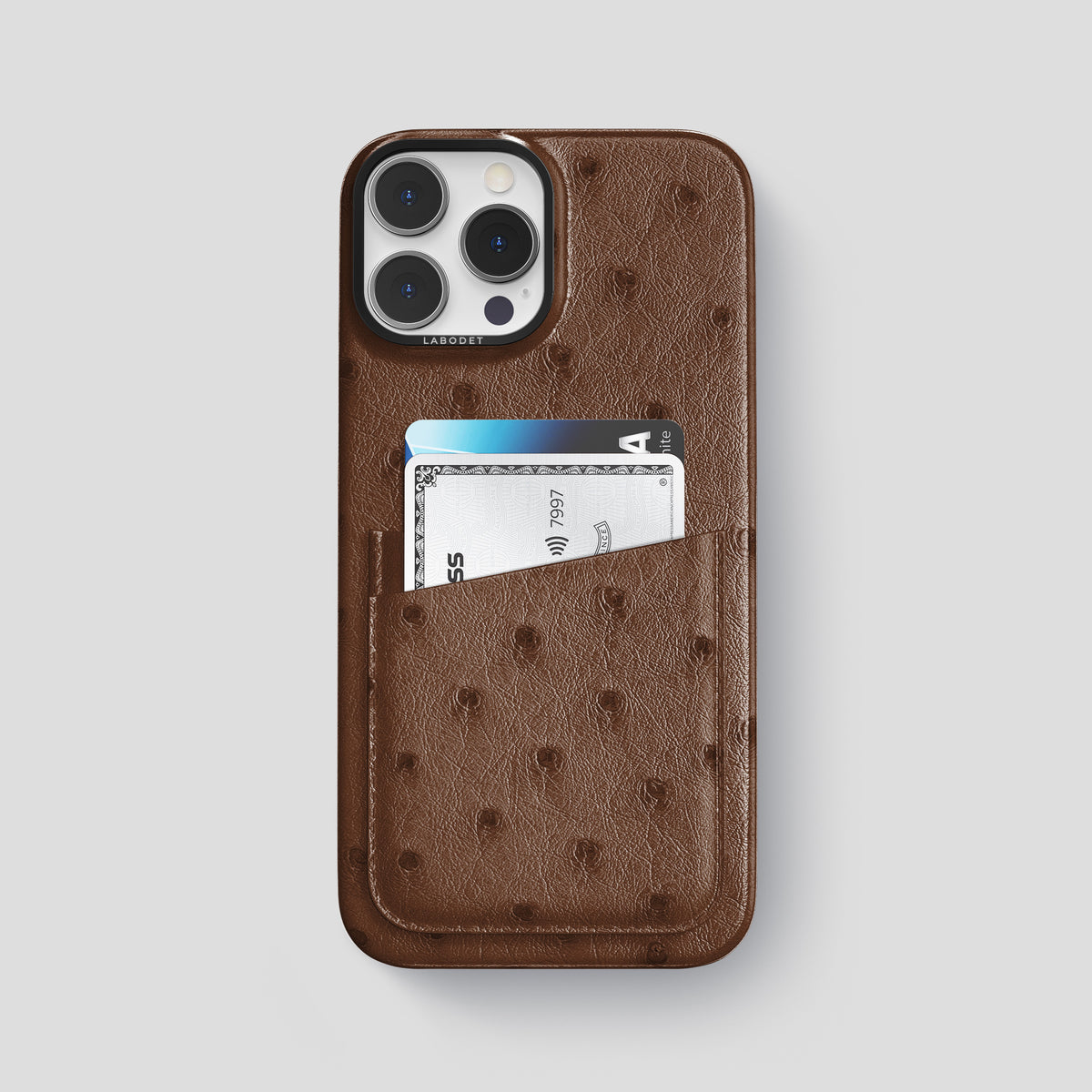 Chocolate iPhone 15 Pro Max Card Case Ostrich with Black Metal -1 | Chocolate-Black