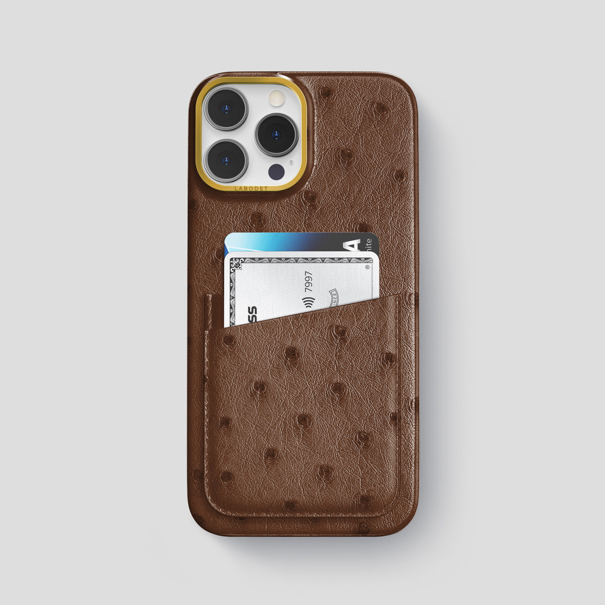 Chocolate iPhone 15 Pro Max Card Case Ostrich with Gold Metal -1 | Chocolate-Gold