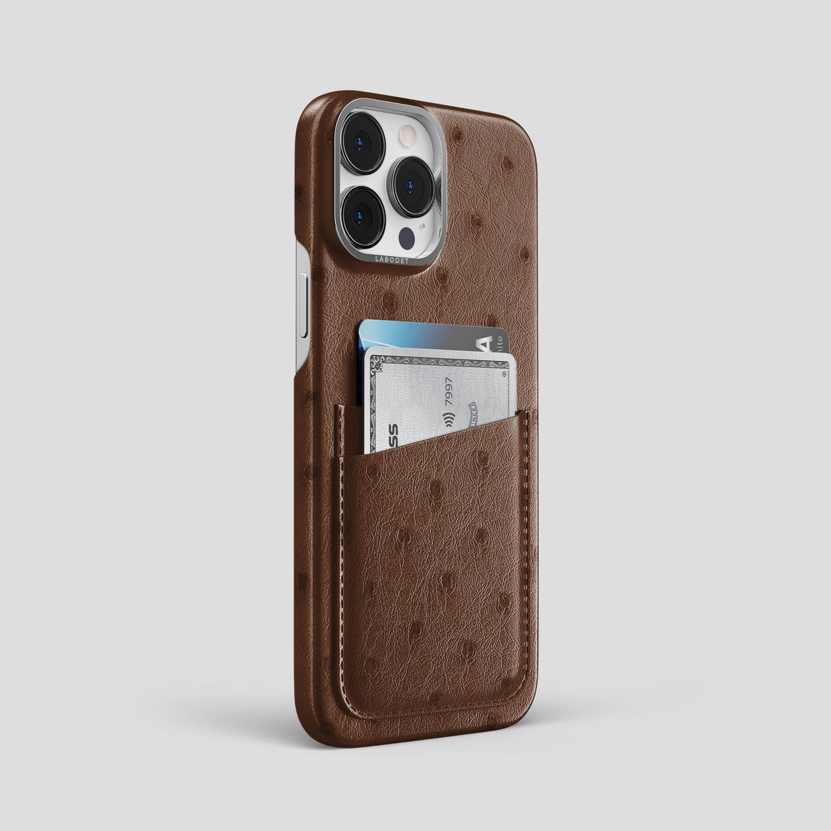 Chocolate iPhone 15 Pro Max Card Case Ostrich with Steel Metal -2 | Chocolate-Steel