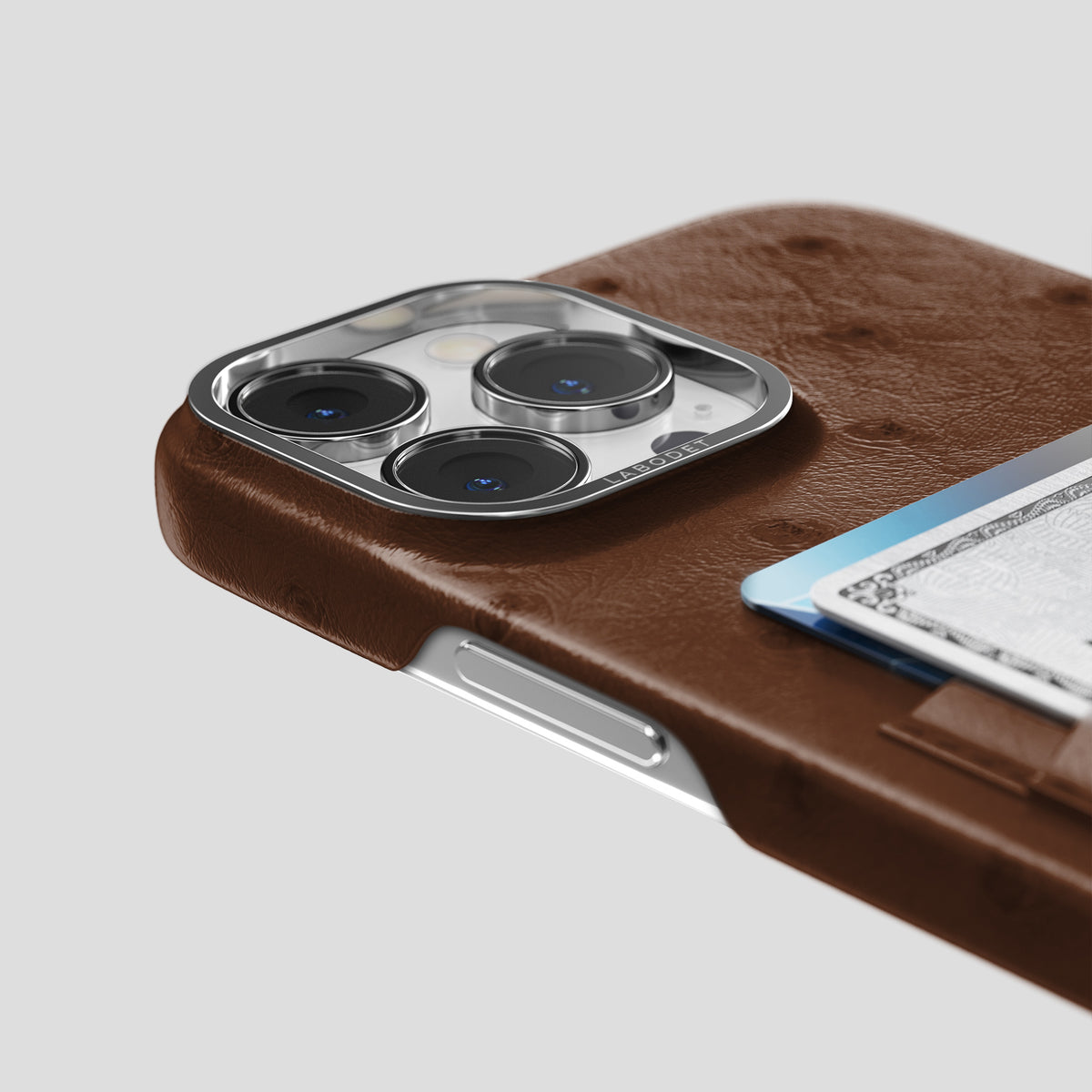 Chocolate iPhone 15 Pro Max Card Case Ostrich with Steel Metal -5 | Chocolate-Steel
