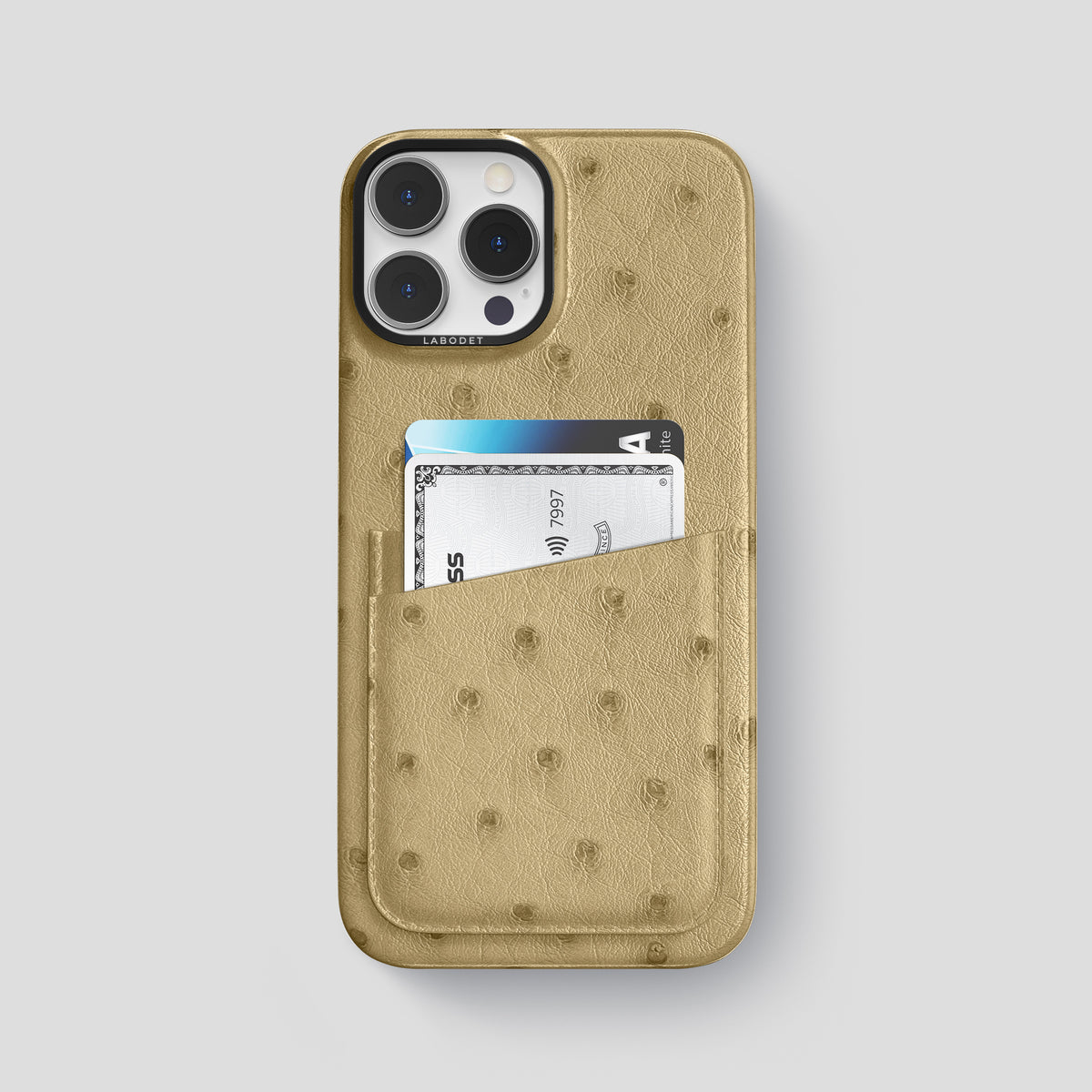 Desert-Sand iPhone 15 Pro Max Card Case Ostrich with Black Metal -1 | Desert-Sand-Black