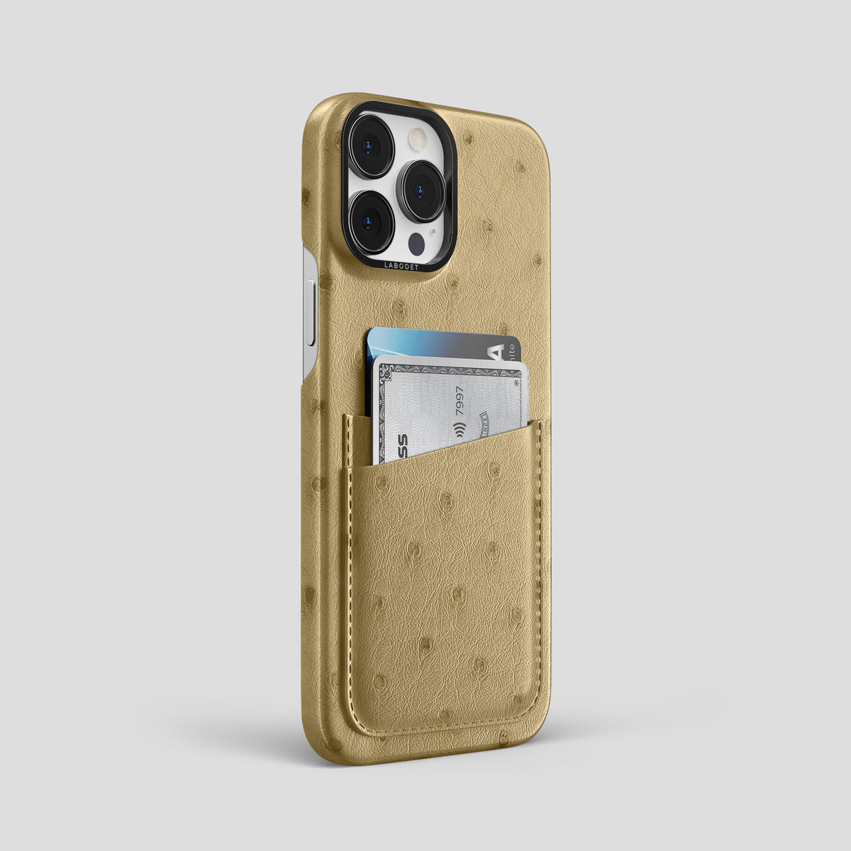 Desert-Sand iPhone 15 Pro Max Card Case Ostrich with Black Metal -2 | Desert-Sand-Black