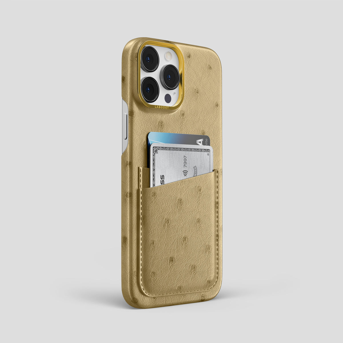 Desert-Sand iPhone 15 Pro Max Card Case Ostrich with Gold Metal -2 | Desert-Sand-Gold