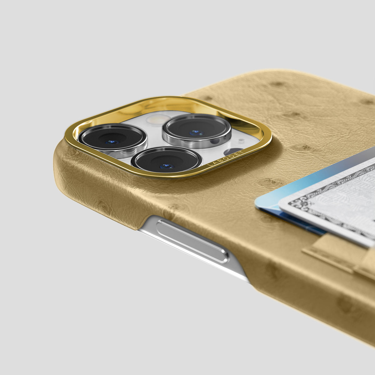 Desert-Sand iPhone 15 Pro Max Card Case Ostrich with Gold Metal -5 | Desert-Sand-Gold