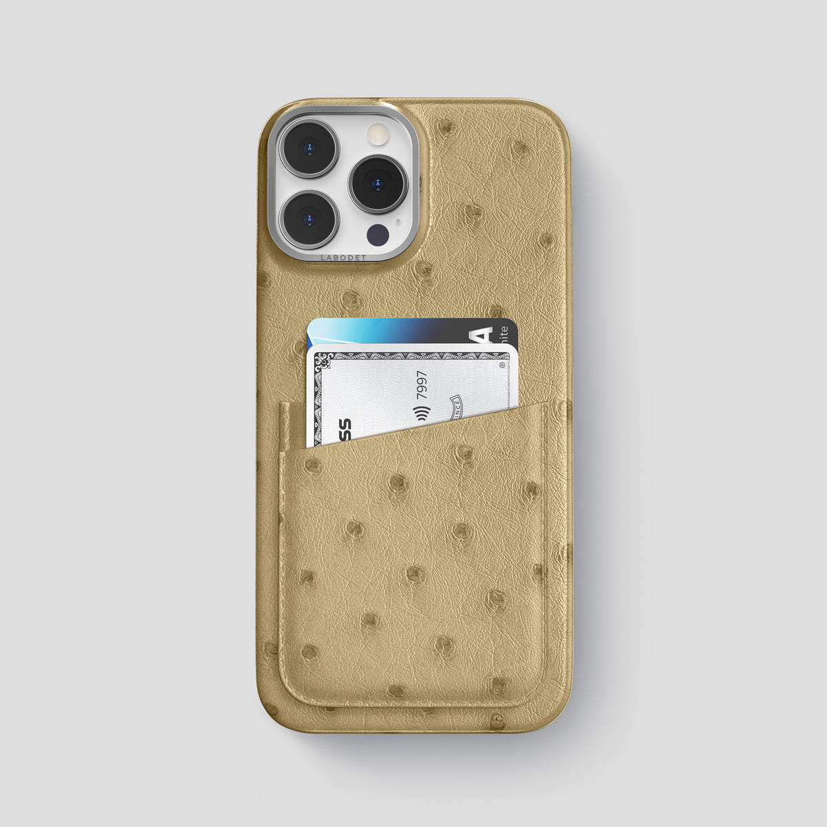 Desert-Sand iPhone 15 Pro Max Card Case Ostrich with Steel Metal -1 | Desert-Sand-Steel