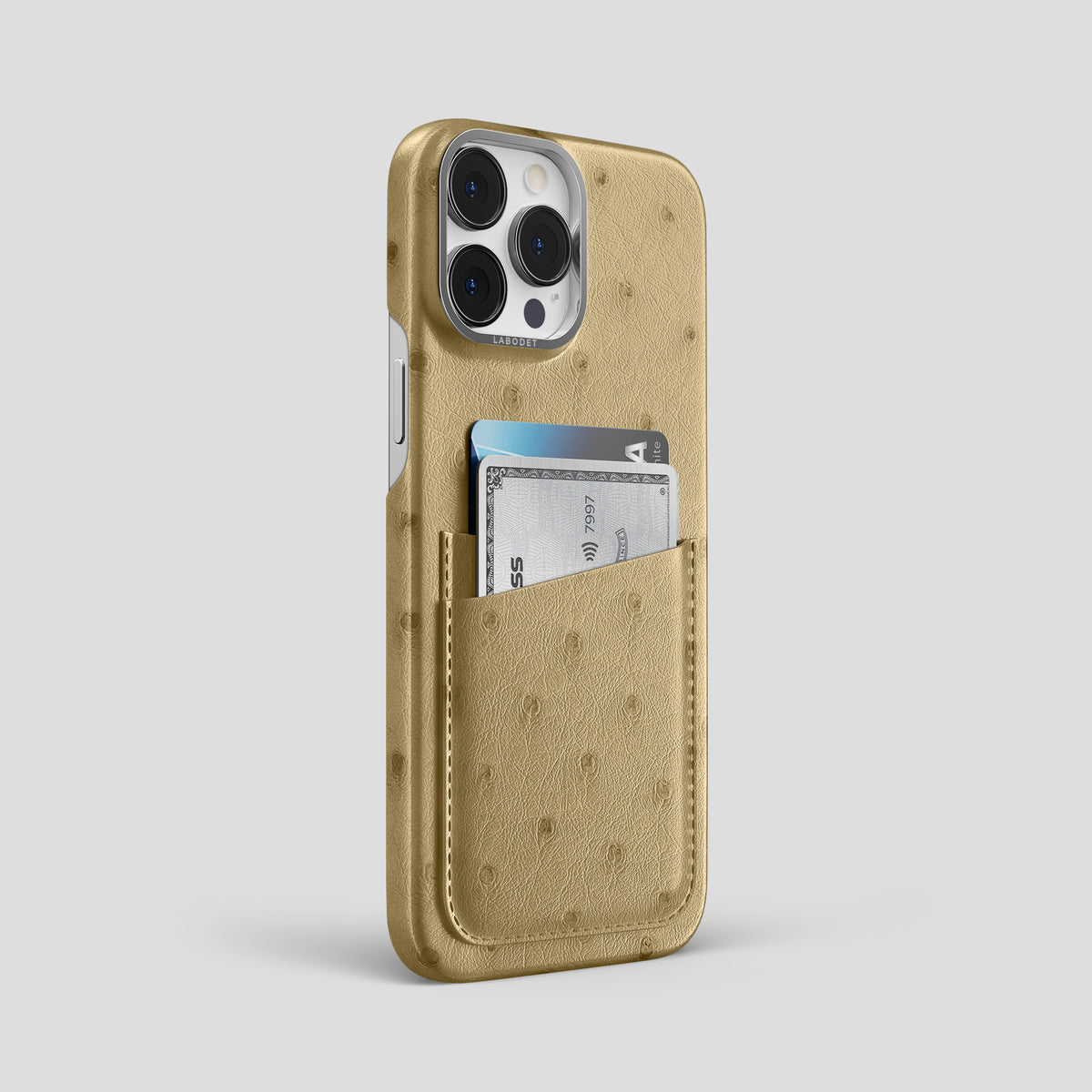 Desert-Sand iPhone 15 Pro Max Card Case Ostrich with Steel Metal -2 | Desert-Sand-Steel