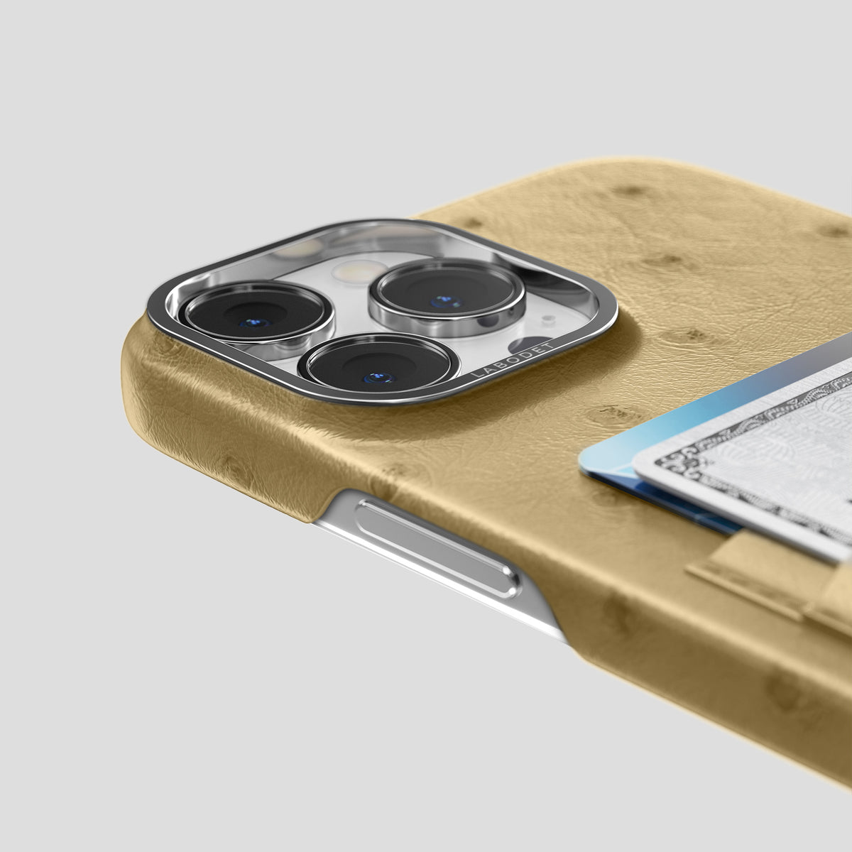 Desert-Sand iPhone 15 Pro Max Card Case Ostrich with Steel Metal -5 | Desert-Sand-Steel
