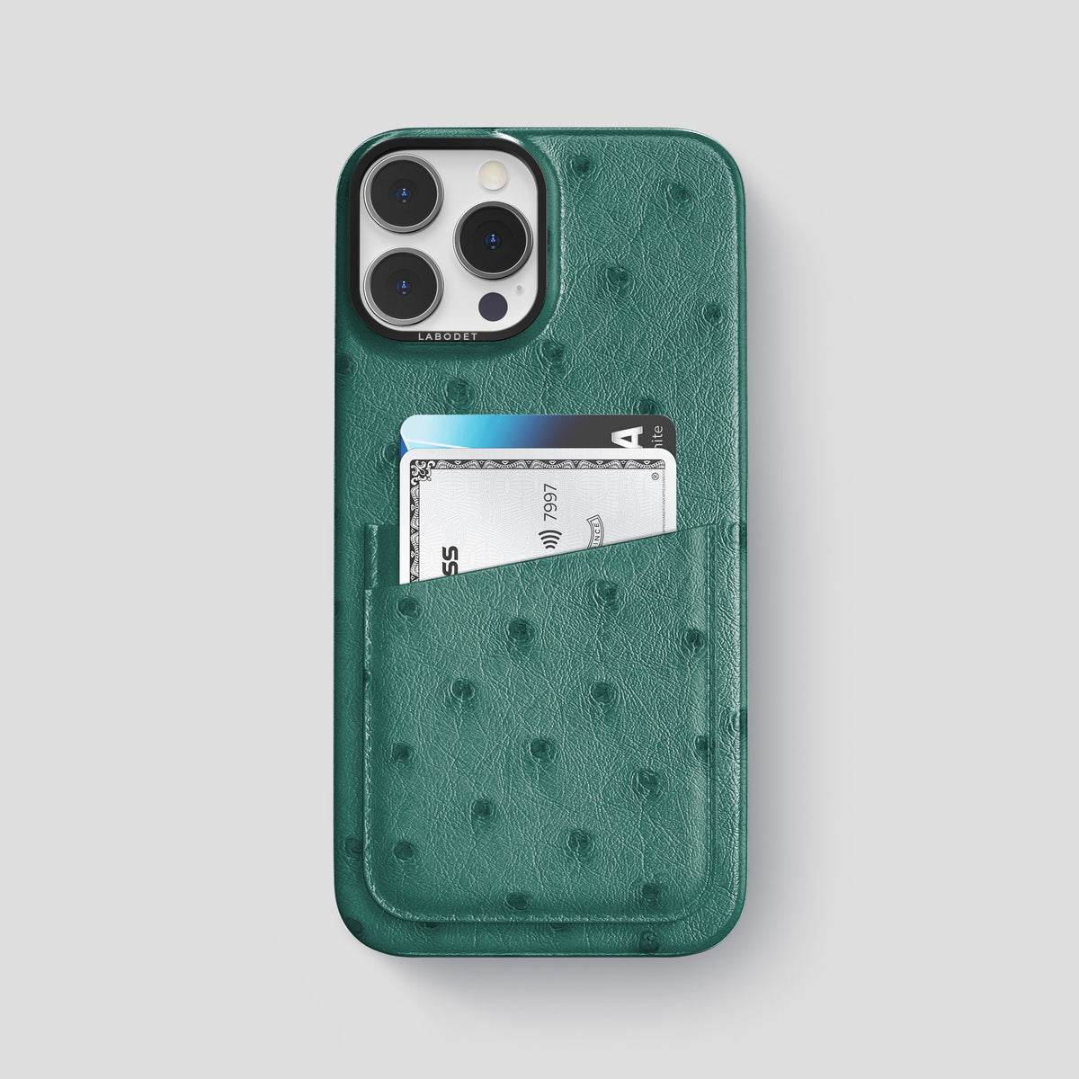 Forest-Green iPhone 15 Pro Max Card Case Ostrich with Black Metal -1 | Forest-Green-Black