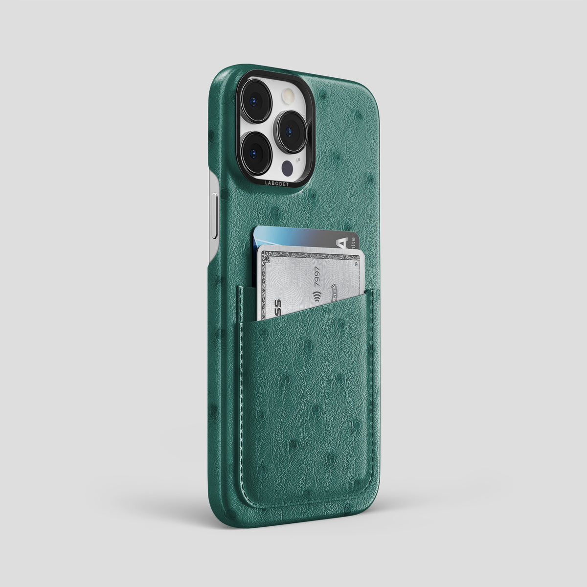 Forest-Green iPhone 15 Pro Max Card Case Ostrich with Black Metal -2 | Forest-Green-Black