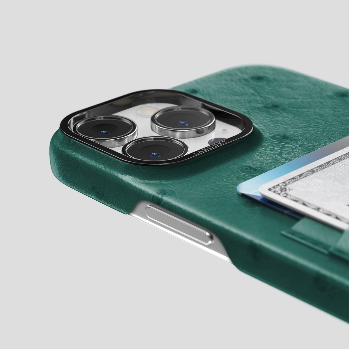 Forest-Green iPhone 15 Pro Max Card Case Ostrich with Black Metal -5 | Forest-Green-Black