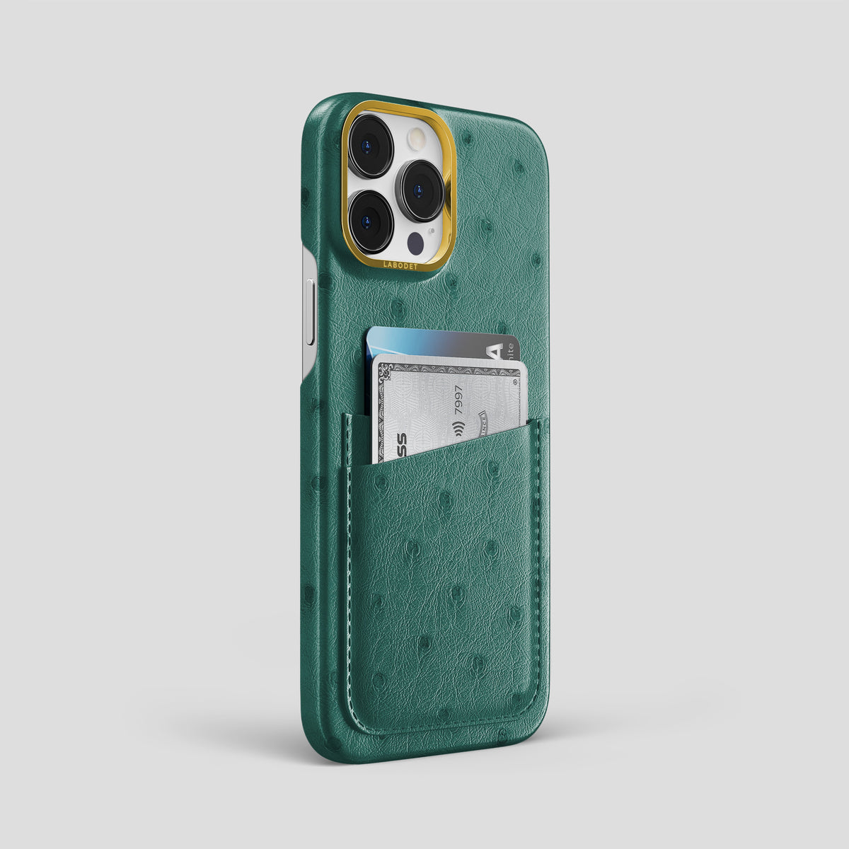 Forest-Green iPhone 15 Pro Max Card Case Ostrich with Gold Metal -2 | Forest-Green-Gold