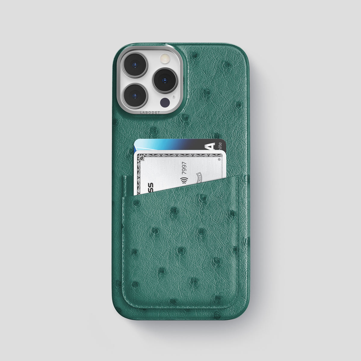 Forest-Green iPhone 15 Pro Max Card Case Ostrich with Steel Metal -1 | Forest-Green-Steel