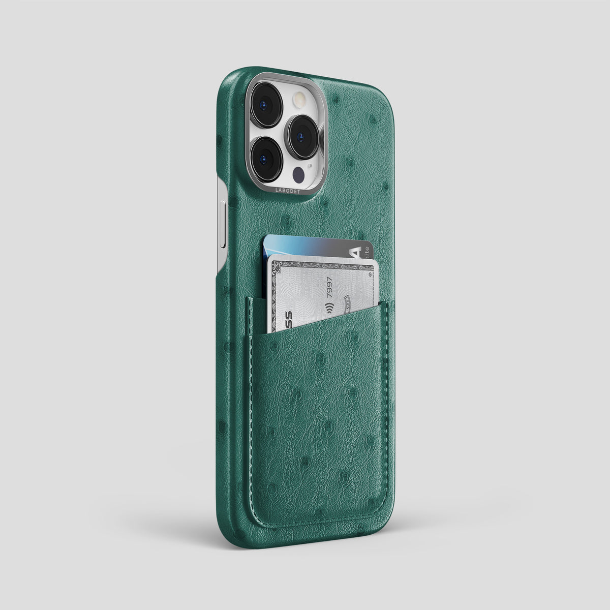 Forest-Green iPhone 15 Pro Max Card Case Ostrich with Steel Metal -2 | Forest-Green-Steel