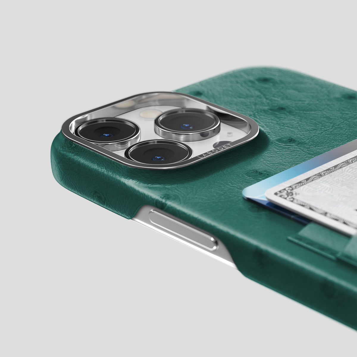 Forest-Green iPhone 15 Pro Max Card Case Ostrich with Steel Metal -5 | Forest-Green-Steel