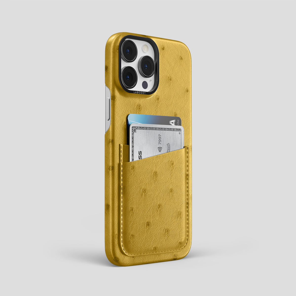 Gold iPhone 15 Pro Max Card Case Ostrich with Black Metal -2 | Gold-Black