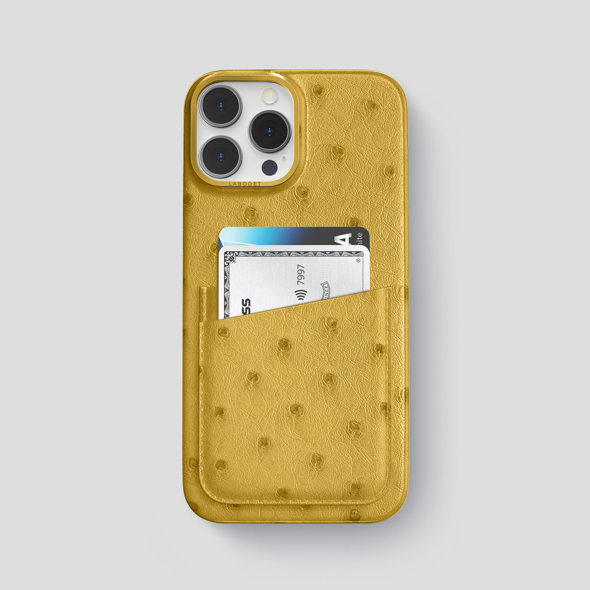 Gold iPhone 15 Pro Max Card Case Ostrich with Gold Metal -1 | Gold-Gold