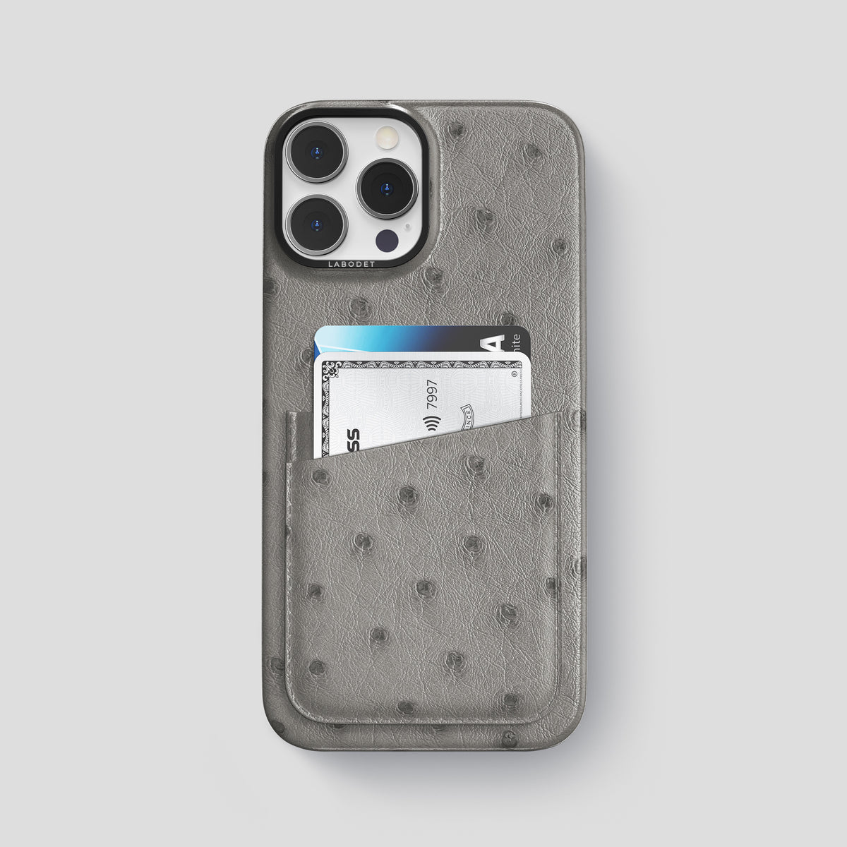 Grey iPhone 15 Pro Max Card Case Ostrich with Black Metal -1 | Grey-Black