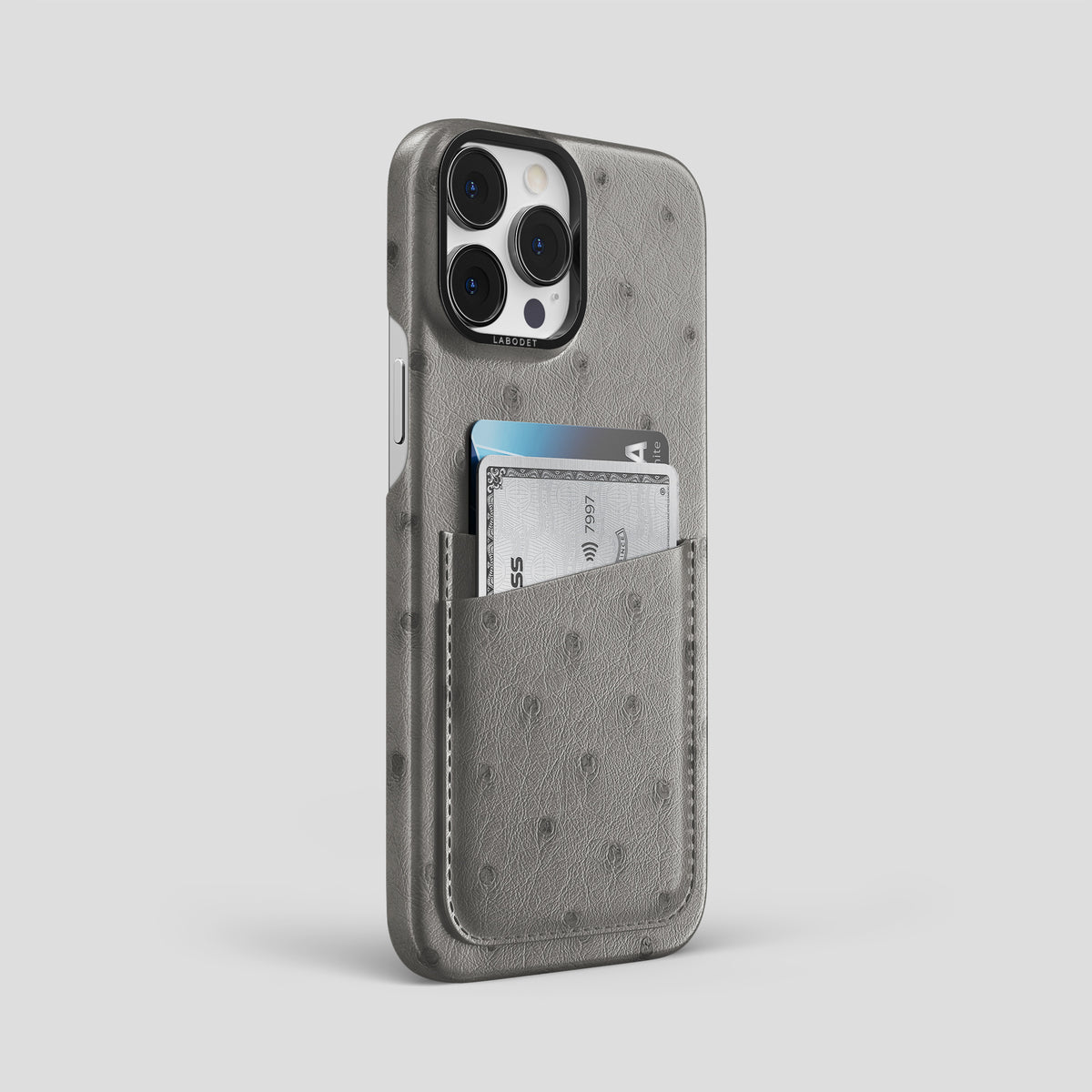 Grey iPhone 15 Pro Max Card Case Ostrich with Black Metal -2 | Grey-Black