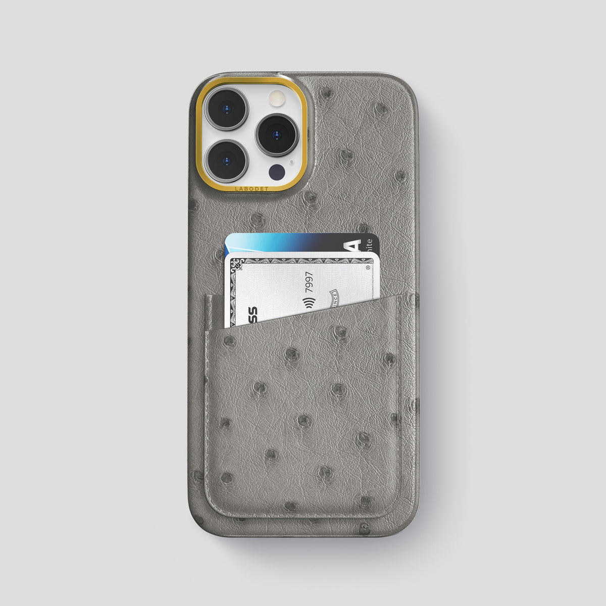 Grey iPhone 15 Pro Max Card Case Ostrich with Gold Metal -1 | Grey-Gold