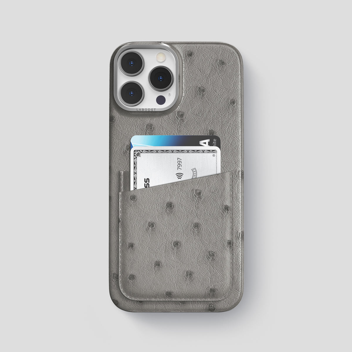 Grey iPhone 15 Pro Max Card Case Ostrich with Steel Metal -1 | Grey-Steel