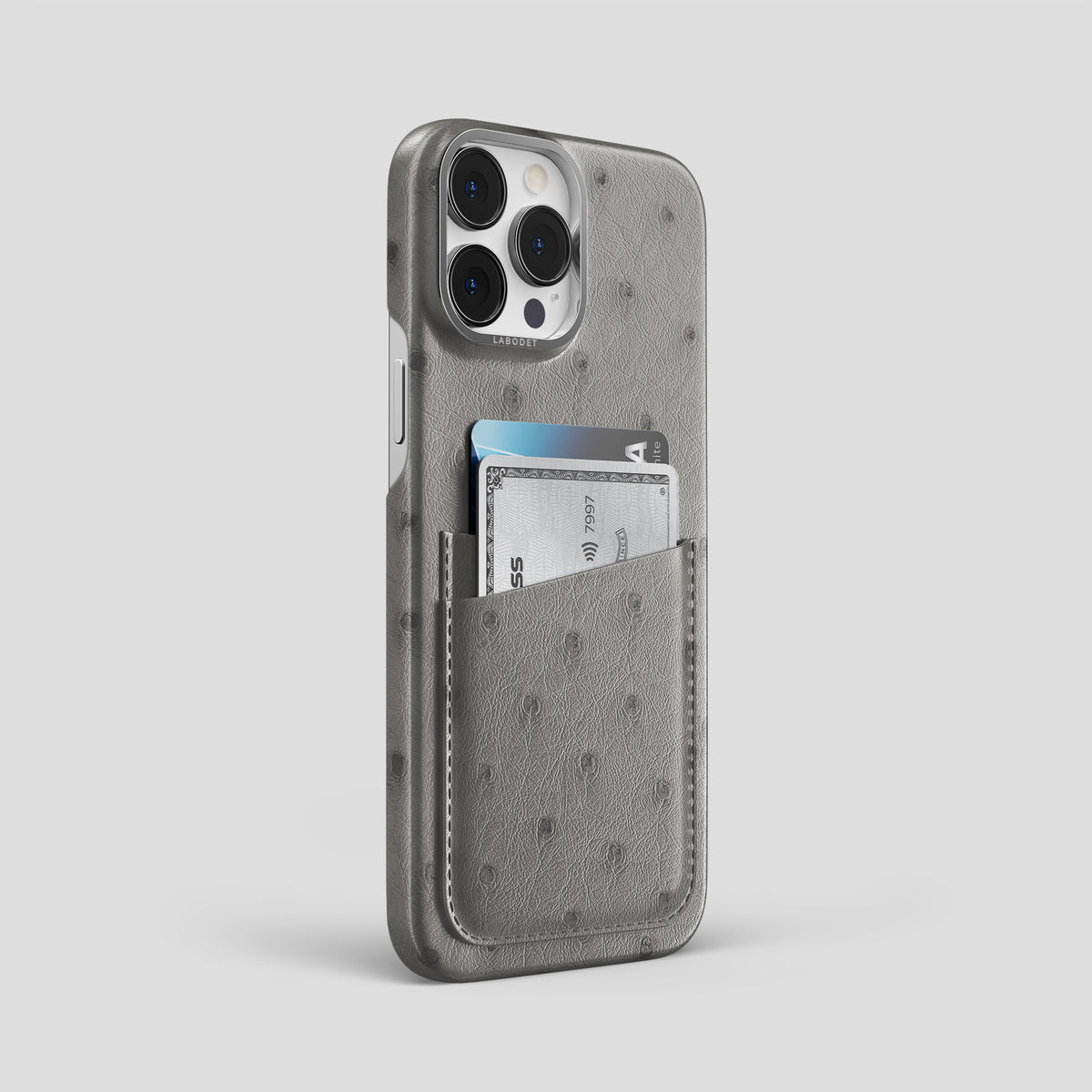 Grey iPhone 15 Pro Max Card Case Ostrich with Steel Metal -2 | Grey-Steel