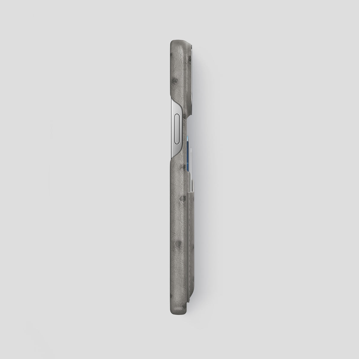Grey iPhone 15 Pro Max Card Case Ostrich with Steel Metal -3 | Grey-Steel