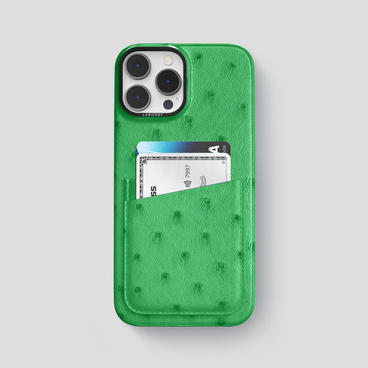Kentucky Green iPhone 15 Pro Max Card Case Ostrich with Black Metal -1 | Kentucky-Green-Black