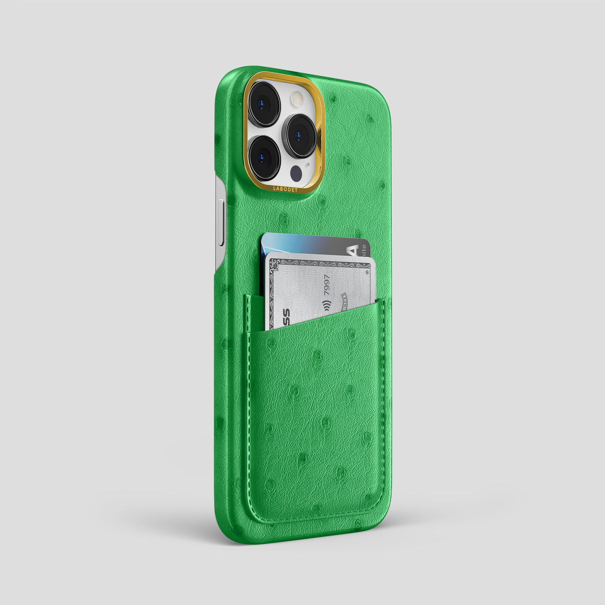Kentucky Green iPhone 15 Pro Max Card Case Ostrich with Gold Metal -2 | Kentucky-Green-Gold