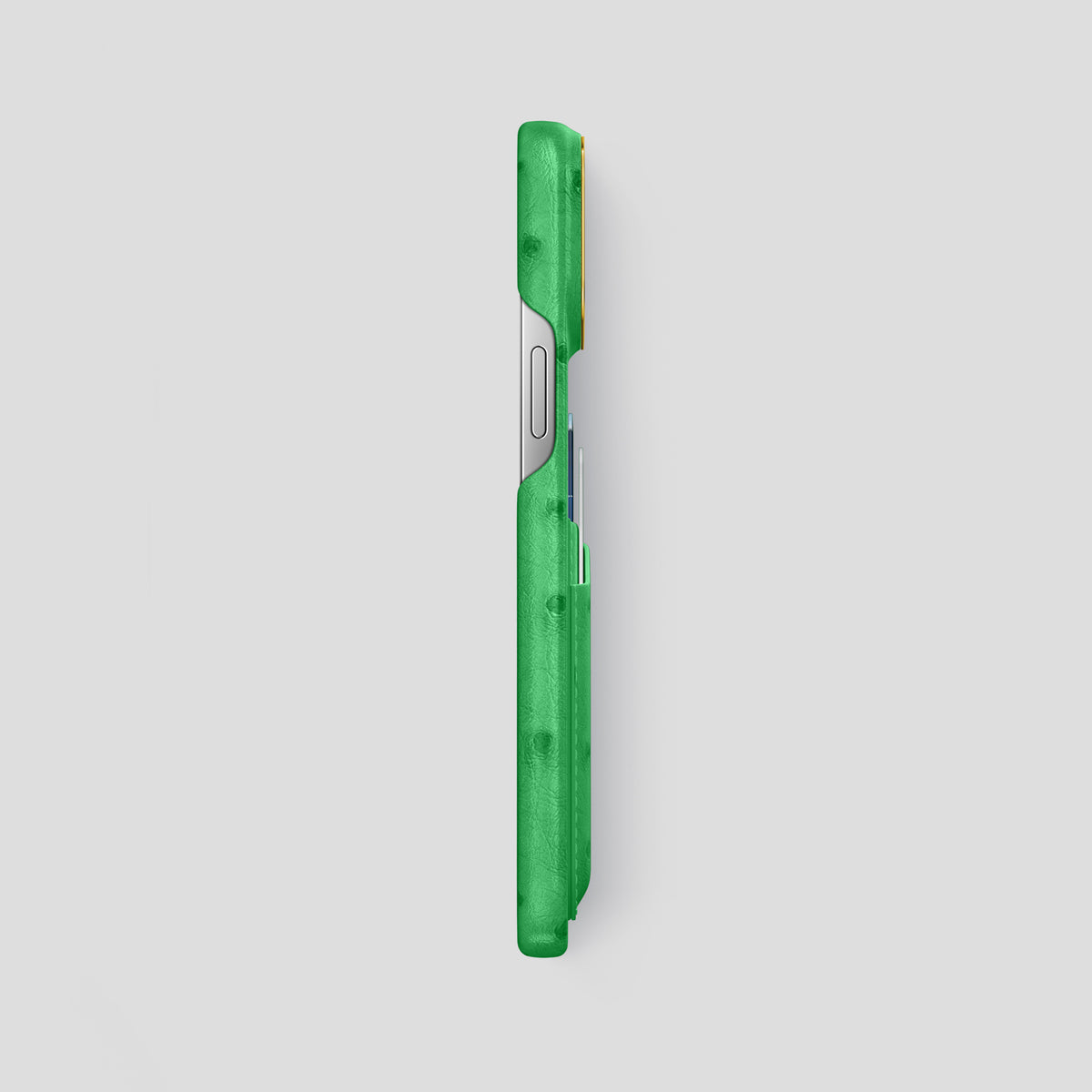 Kentucky Green iPhone 15 Pro Max Card Case Ostrich with Gold Metal -3 | Kentucky-Green-Gold
