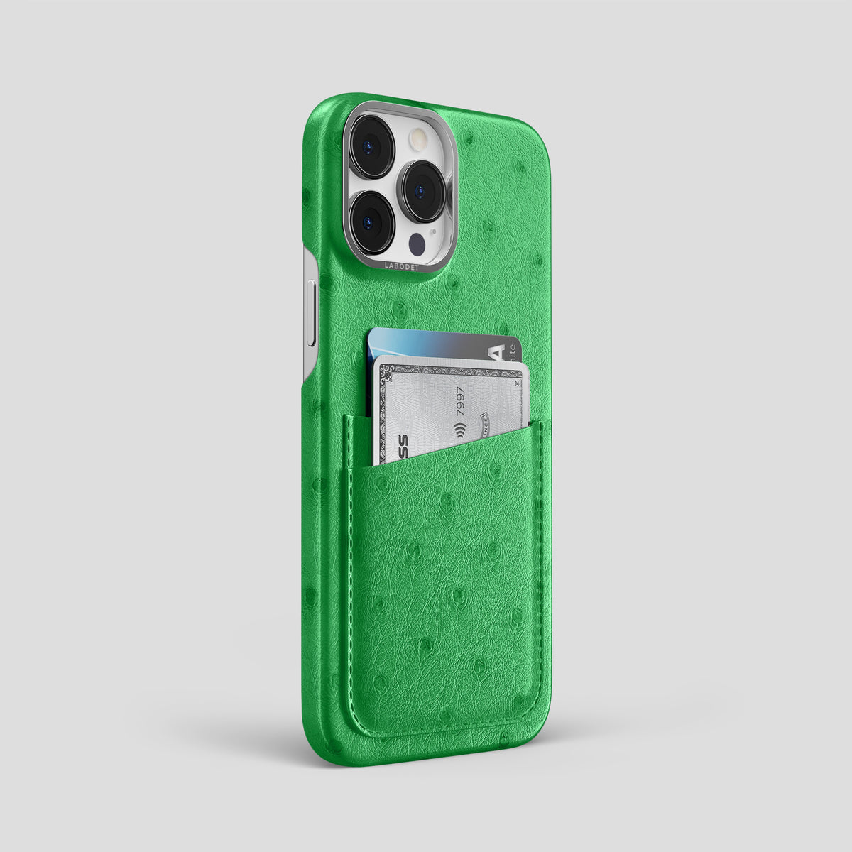 Kentucky Green iPhone 15 Pro Max Card Case Ostrich with Steel Metal -2 | Kentucky-Green-Steel