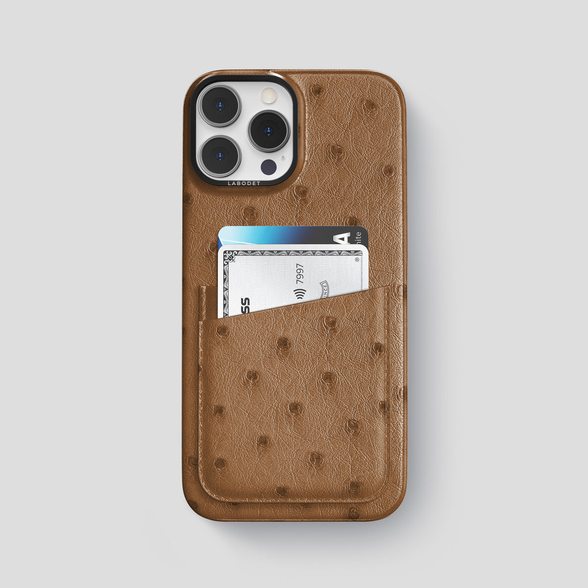 Medium-Brown iPhone 15 Pro Max Card Case Ostrich with Black Metal -1 | Medium-Brown-Black