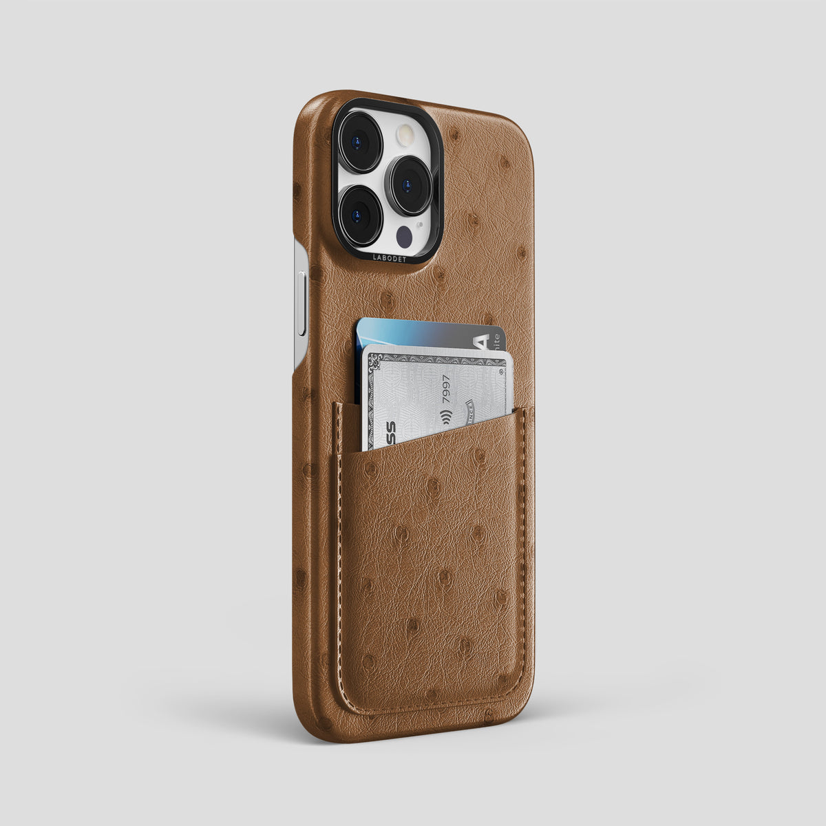 Medium-Brown iPhone 15 Pro Max Card Case Ostrich with Black Metal -2 | Medium-Brown-Black