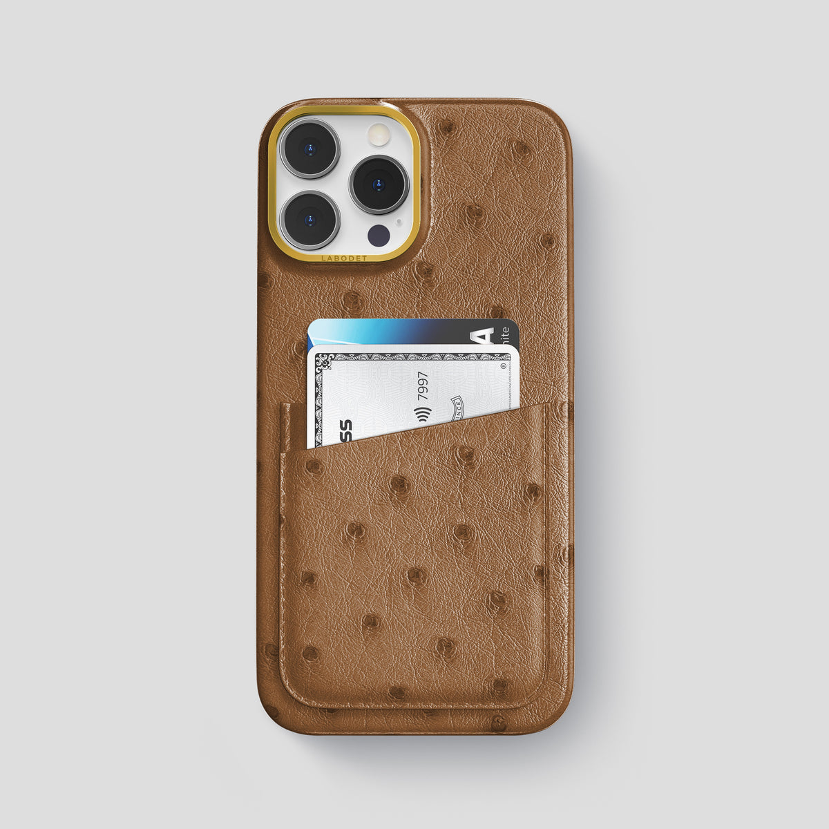 Medium-Brown iPhone 15 Pro Max Card Case Ostrich with Gold Metal -1 | Medium-Brown-Gold