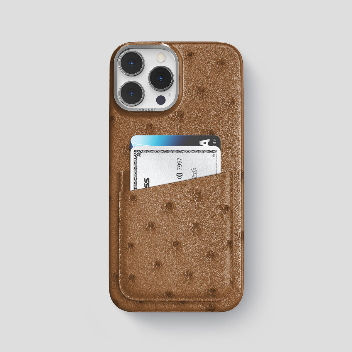 Medium-Brown iPhone 15 Pro Max Card Case Ostrich with Steel Metal -1 | Medium-Brown-Steel