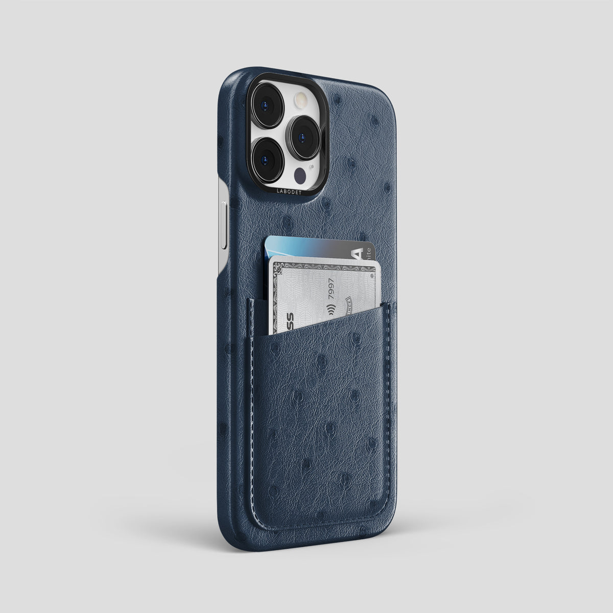 Navy-Blue iPhone 15 Pro Max Card Case Ostrich with Black Metal -2 | Navy-Blue-Black