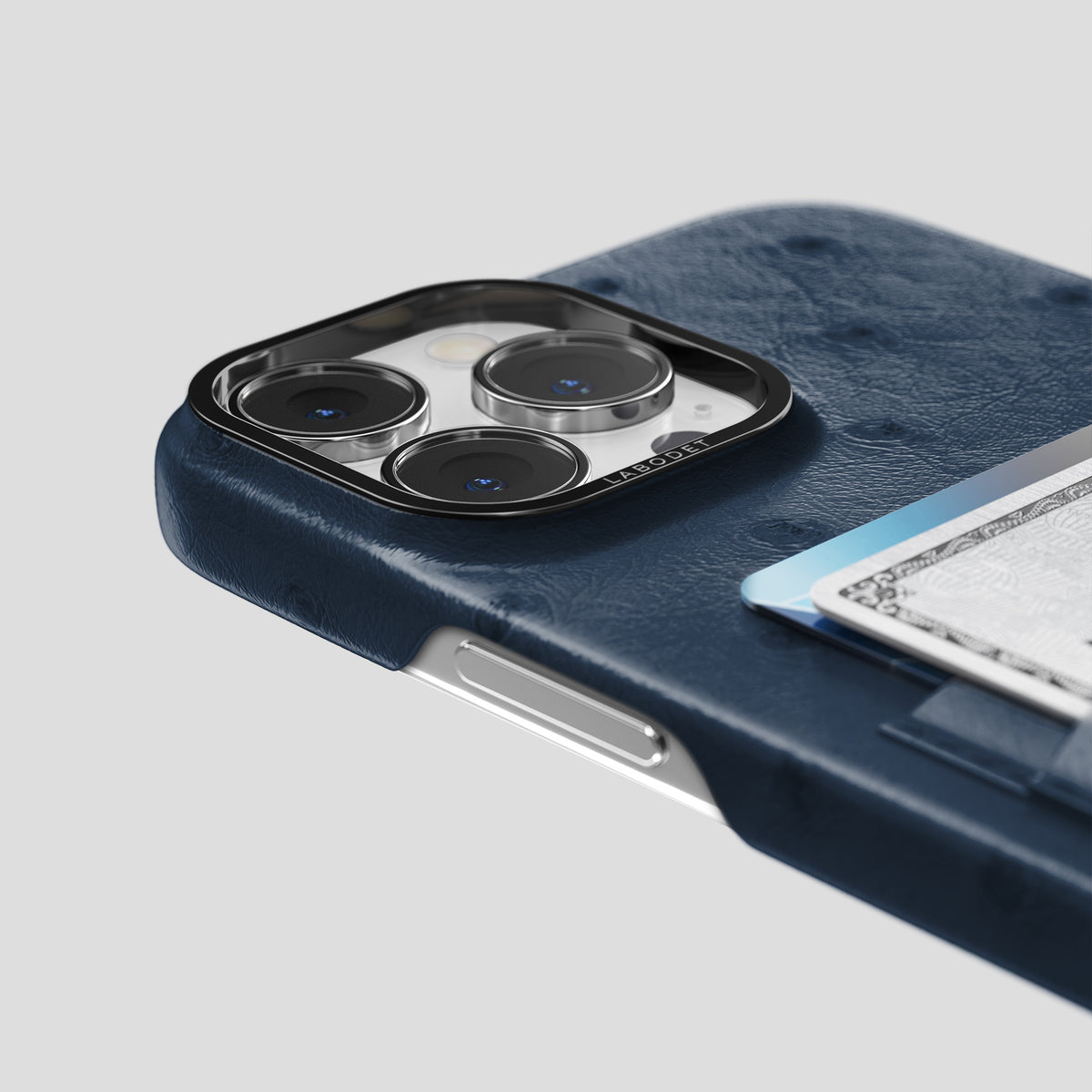 Navy-Blue iPhone 15 Pro Max Card Case Ostrich with Black Metal -5 | Navy-Blue-Black