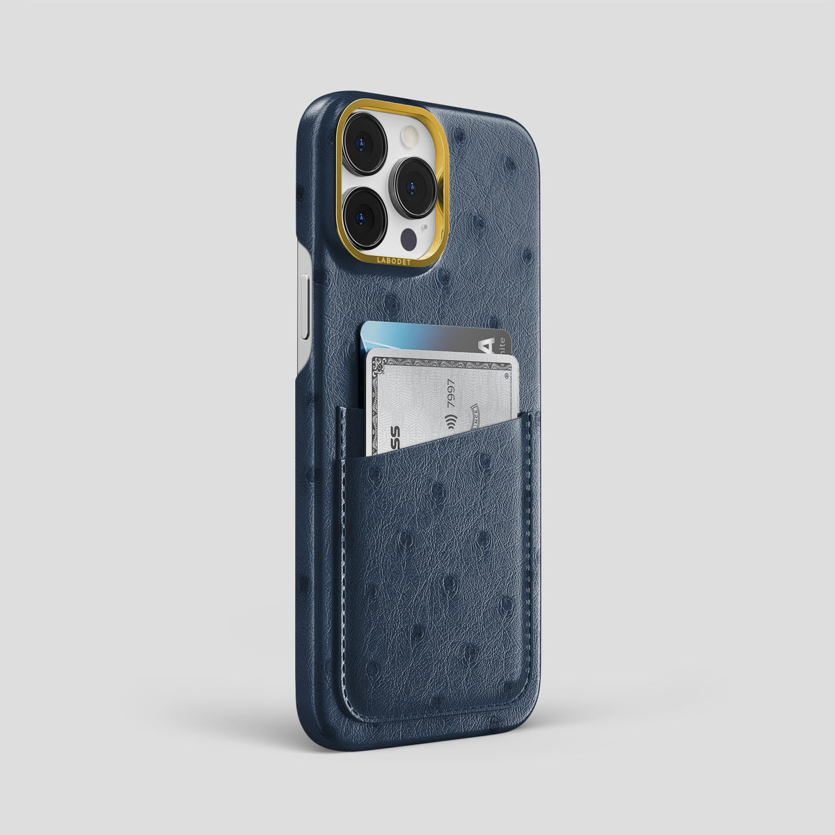 Navy-Blue iPhone 15 Pro Max Card Case Ostrich with Gold Metal -2 | Navy-Blue-Gold