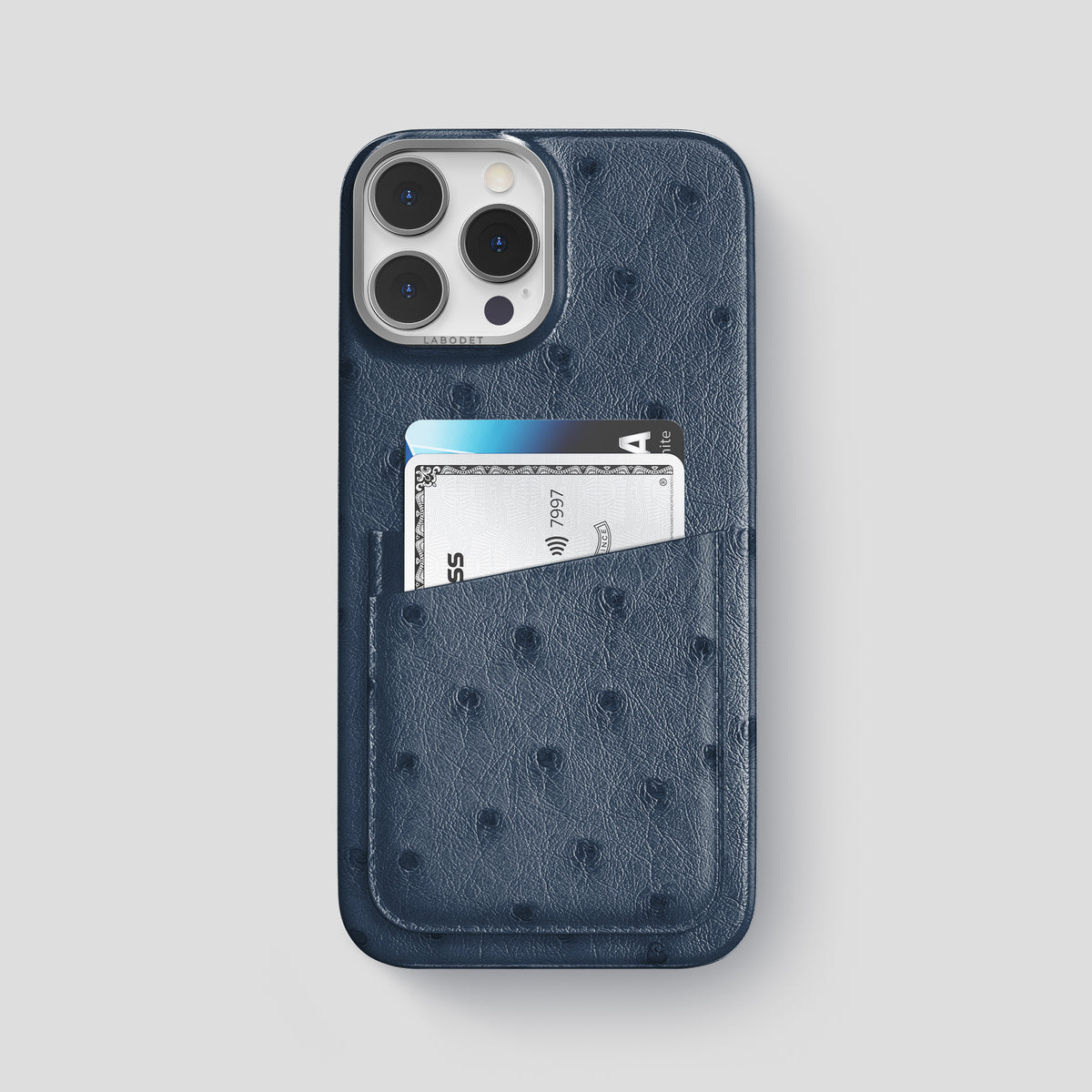 Navy-Blue iPhone 15 Pro Max Card Case Ostrich with Steel Metal -1 | Navy-Blue-Steel