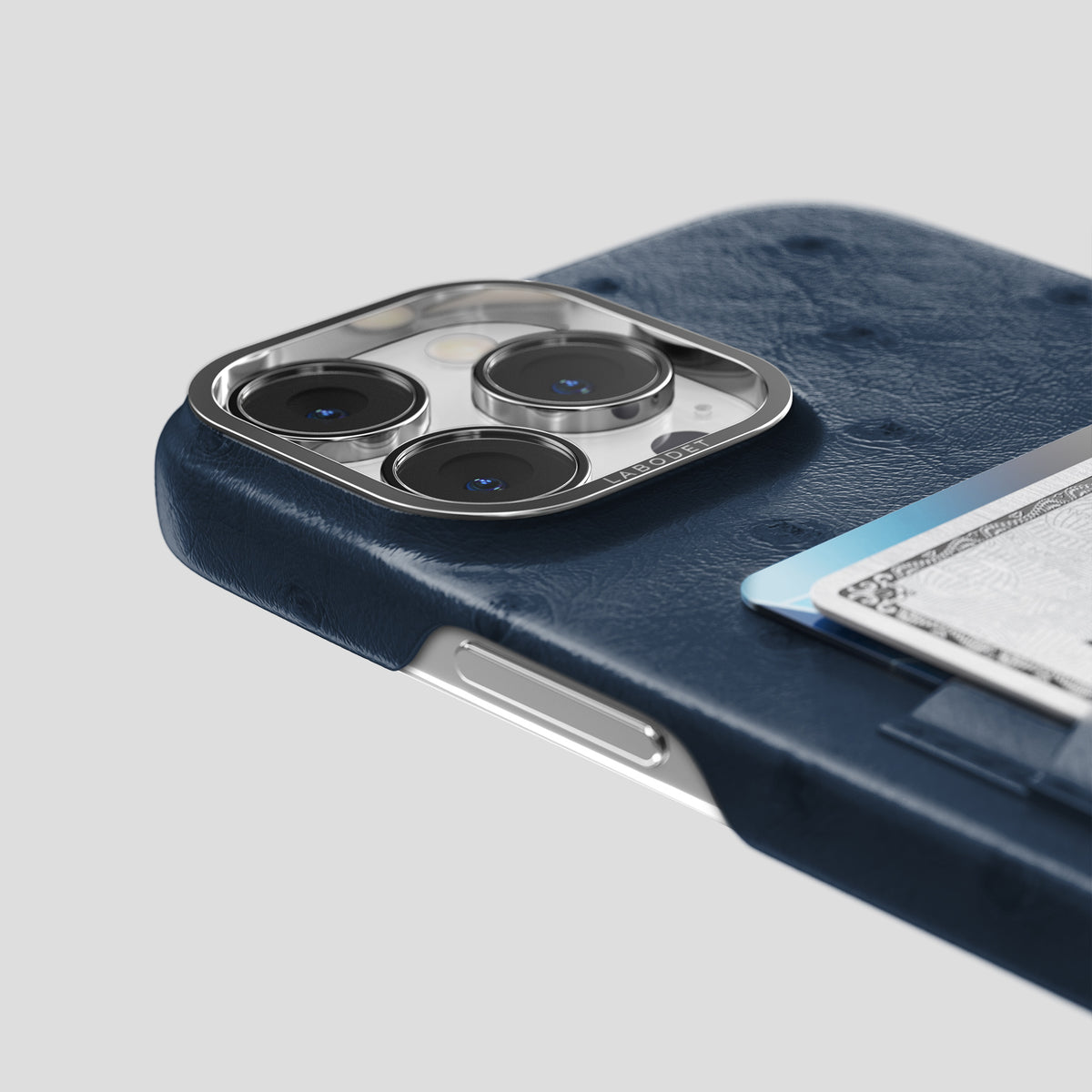 Navy-Blue iPhone 15 Pro Max Card Case Ostrich with Steel Metal -5 | Navy-Blue-Steel