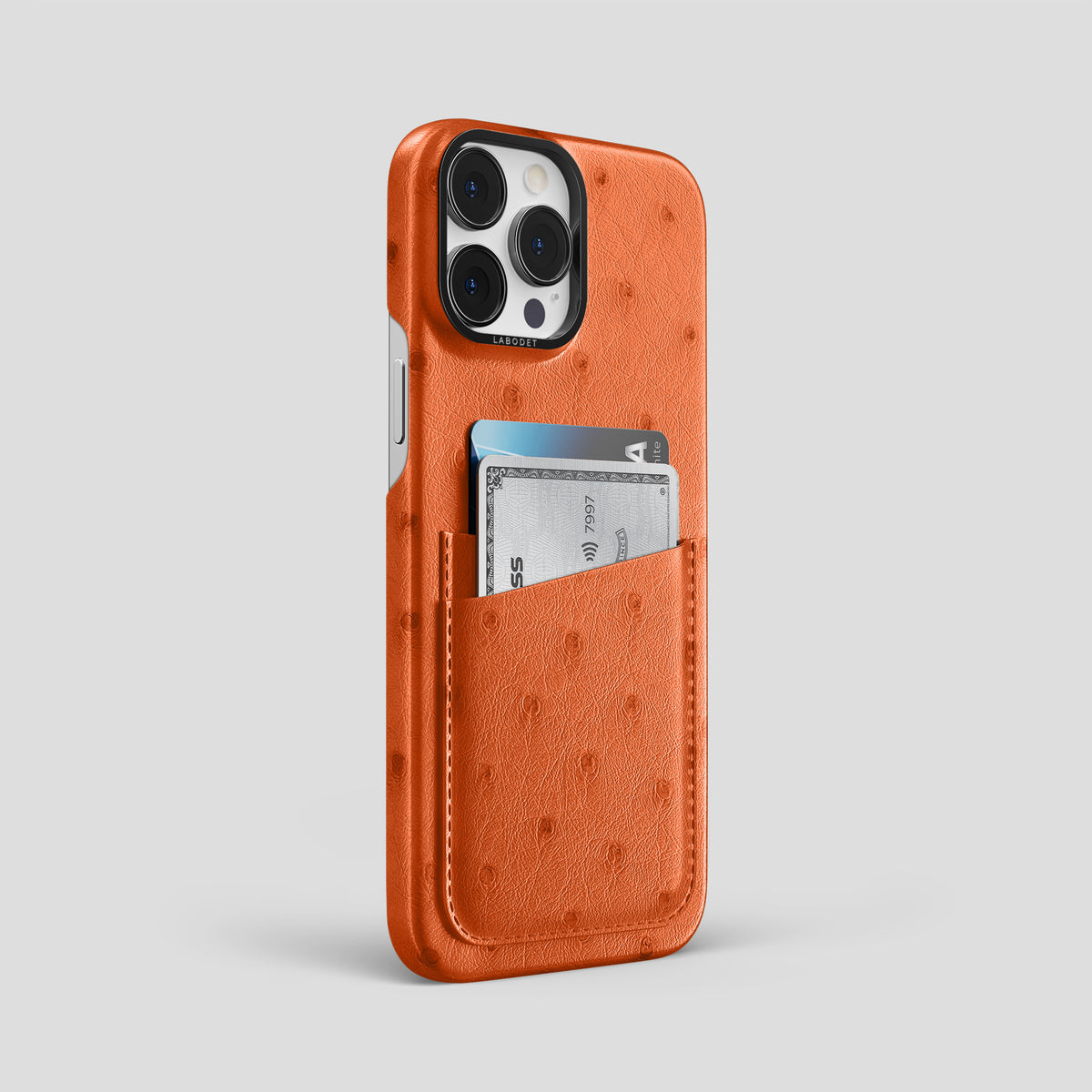 Orange iPhone 15 Pro Max Card Case Ostrich with Black Metal -2 | Orange-Black