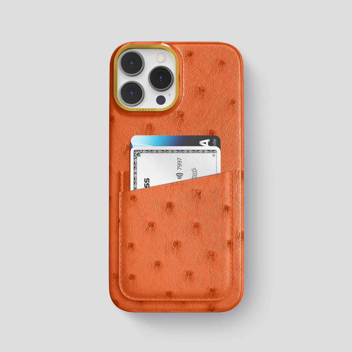 Orange iPhone 15 Pro Max Card Case Ostrich with Gold Metal -1 | Orange-Gold