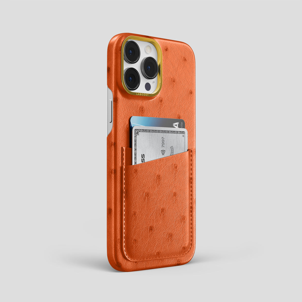 Orange iPhone 15 Pro Max Card Case Ostrich with Gold Metal -2 | Orange-Gold