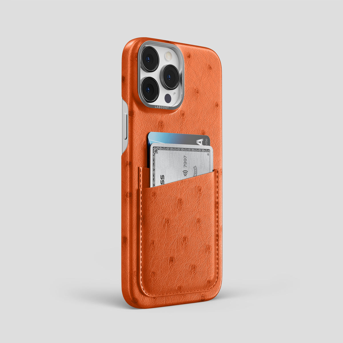 Orange iPhone 15 Pro Max Card Case Ostrich with Steel Metal -2 | Orange-Steel