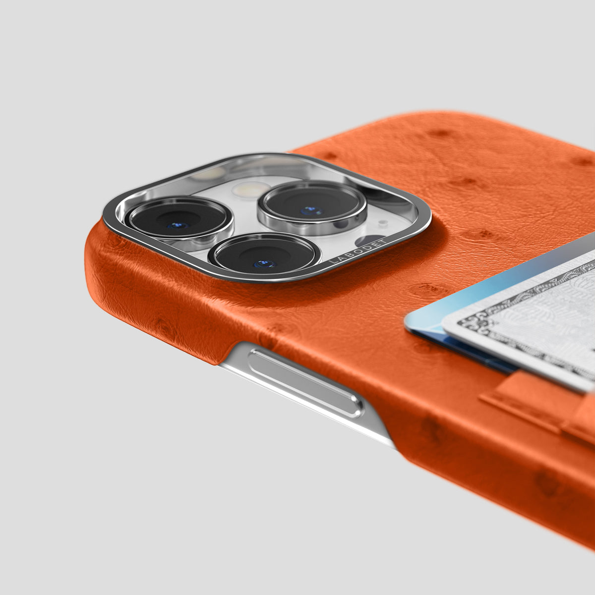 Orange iPhone 15 Pro Max Card Case Ostrich with Steel Metal -5 | Orange-Steel